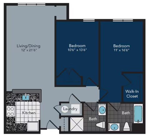 Floor plan for 2 beds, 2 baths, 1023 sqft